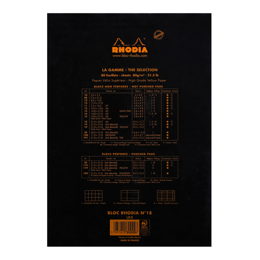 Rhodia No. 18 Top Stapled Notepad A4 Blank Black