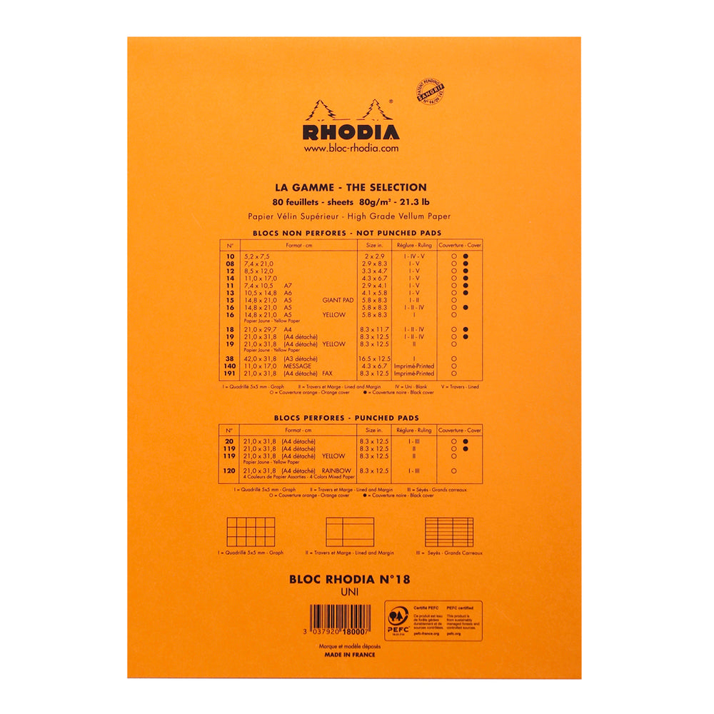 Rhodia No. 18 Top Stapled Notepad A4 Blank Orange
