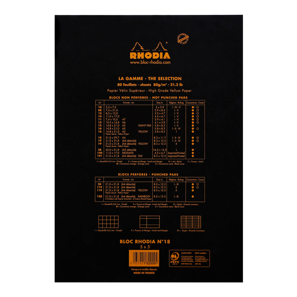 Rhodia No. 18 Top Stapled Notepad A4 Grid Black