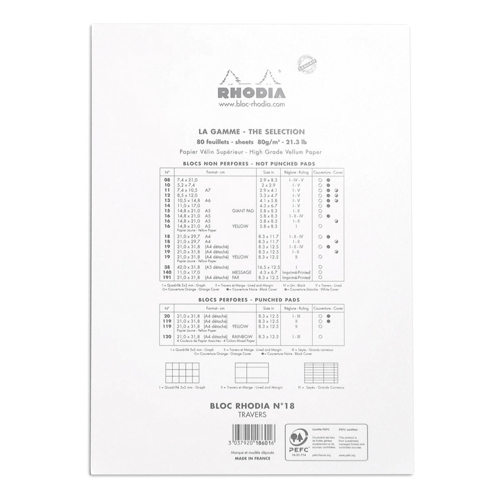 Rhodia No. 18 Top Stapled Notepad A4 Lined White