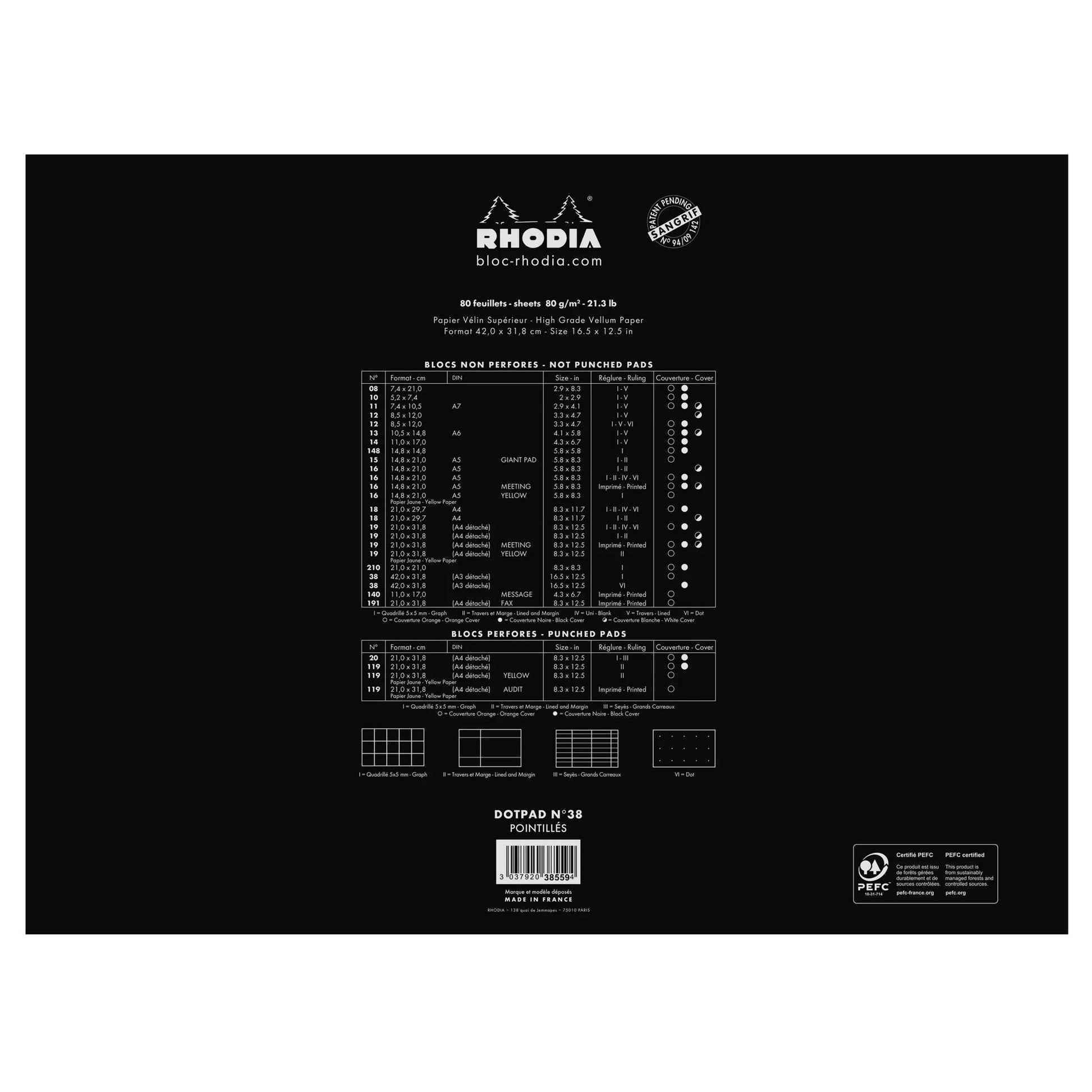 Rhodia No. 38 Top Stapled Notepad A3+ Dot Grid Black