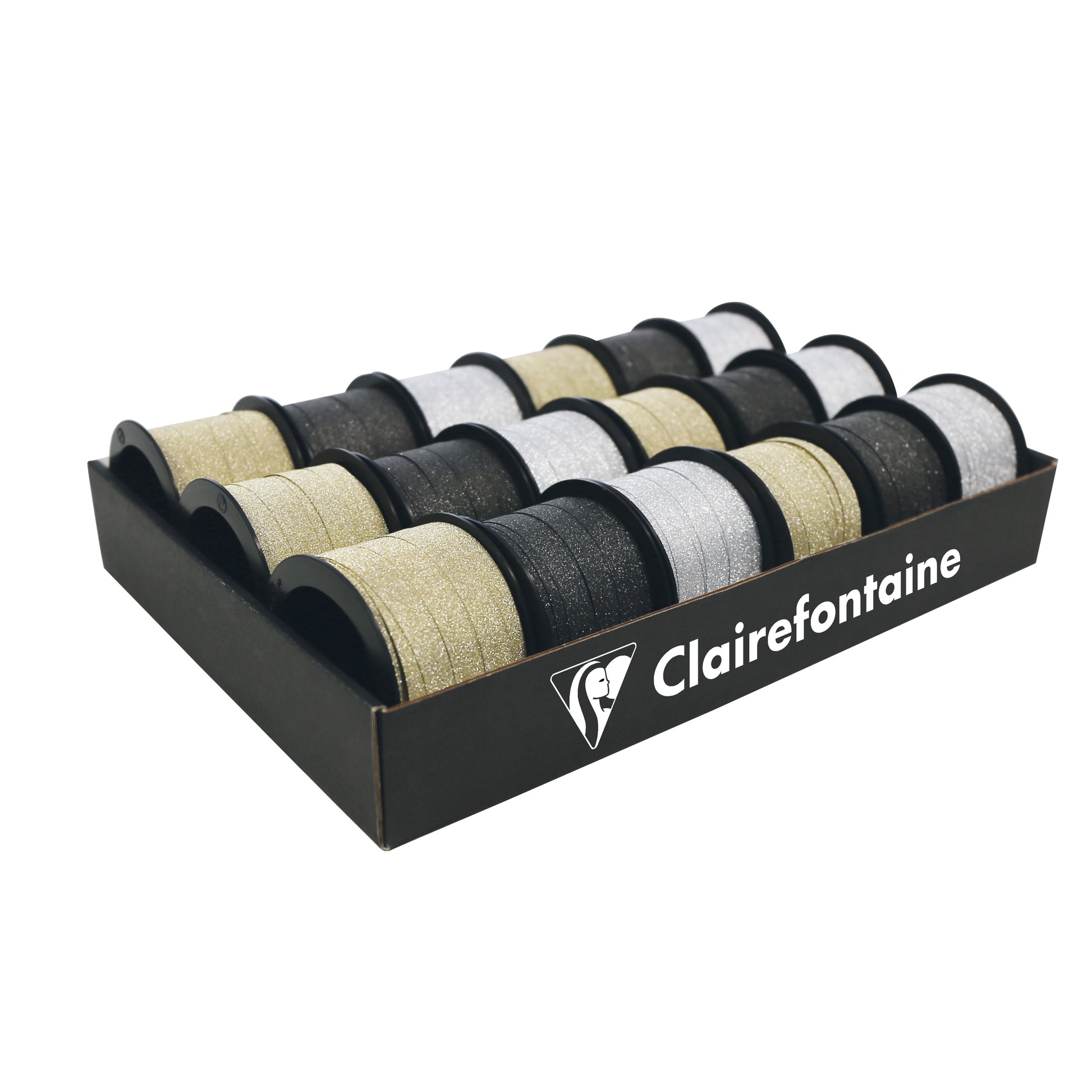 Clairefontaine Glitter Ribbon 10 metres Gold, Silver & Black (Tray of 18)