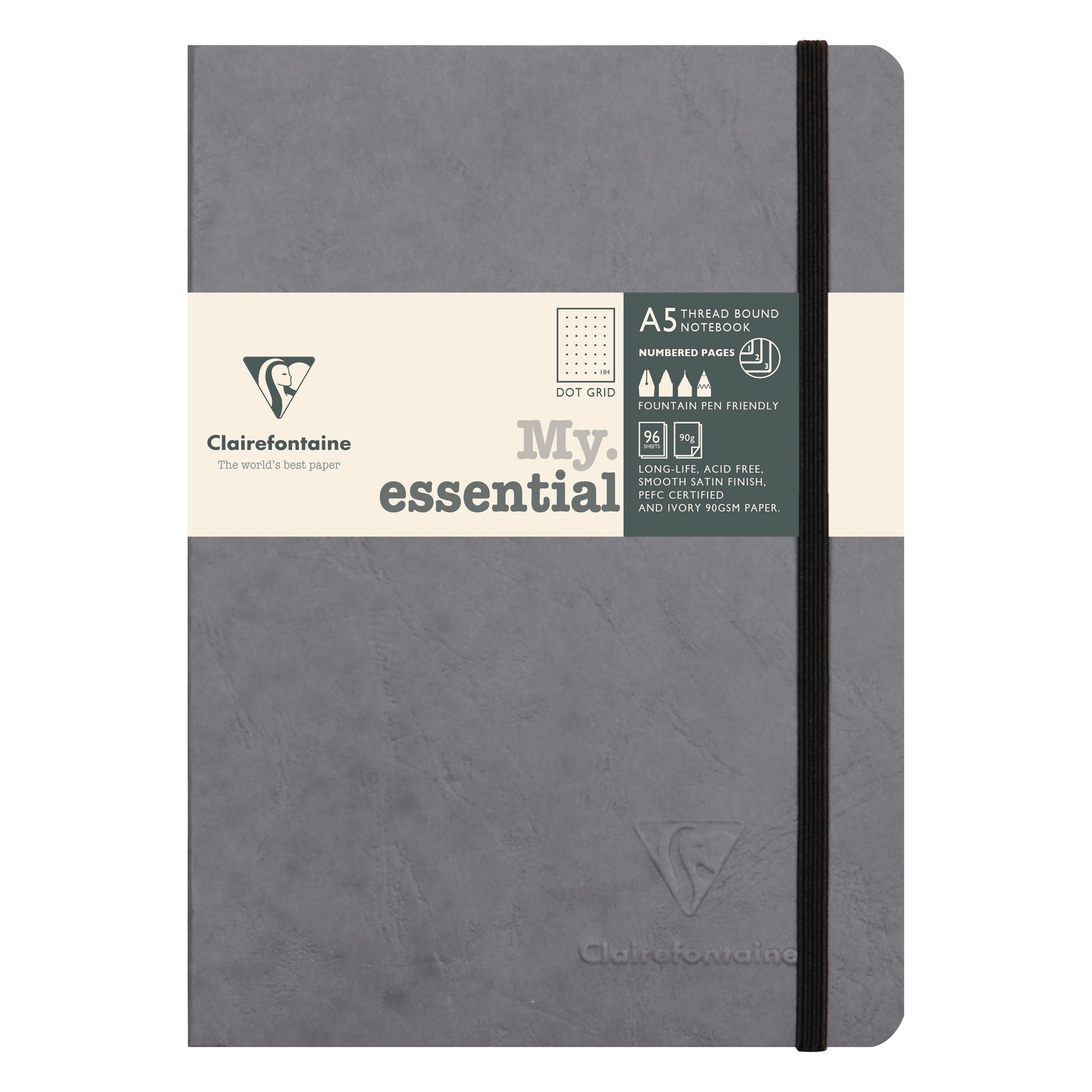 Clairefontaine Age Bag Essentials Threadbound Notebook A5 Dot Grid Grey