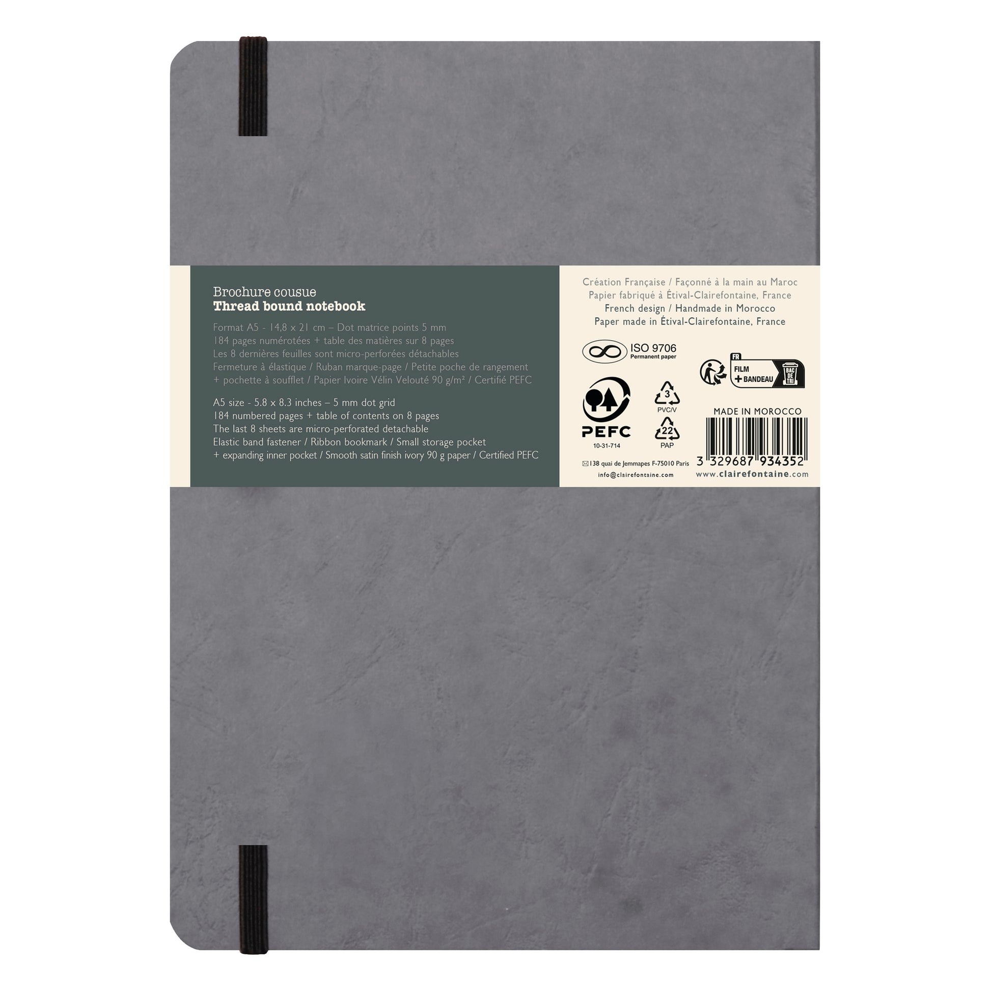 Clairefontaine Age Bag Essentials Threadbound Notebook A5 Dot Grid Grey