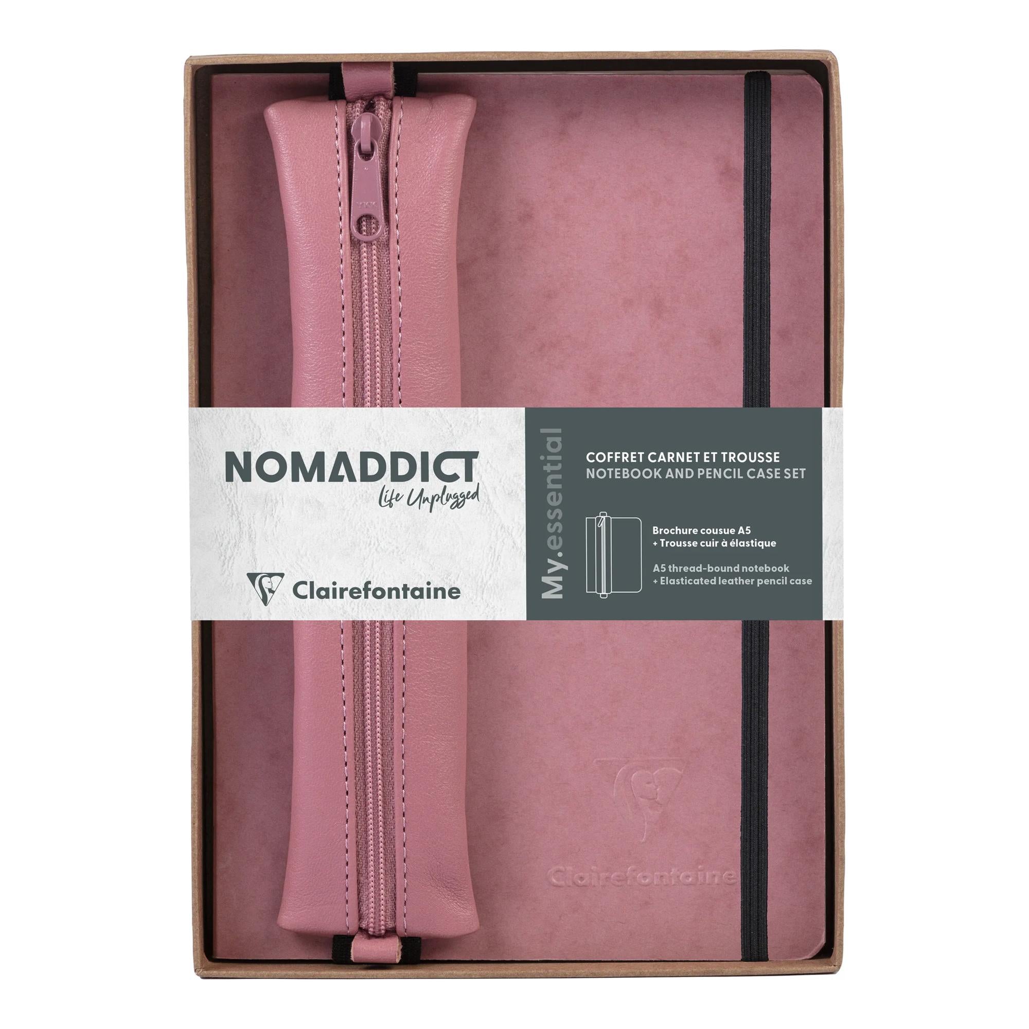 Clairefontaine Nomaddict (Age Bag) Notebook & Pencil Case Gift Set Dot Grid Antique Rose