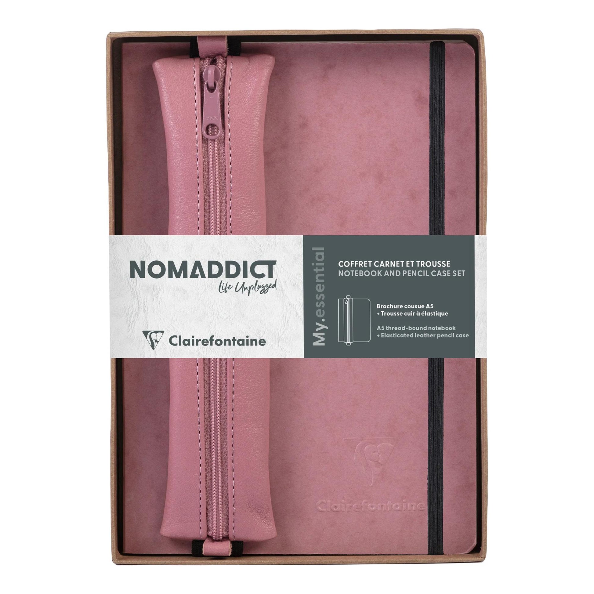 Clairefontaine Nomaddict (Age Bag) Notebook & Pencil Case Gift Set Dot Grid Antique Rose