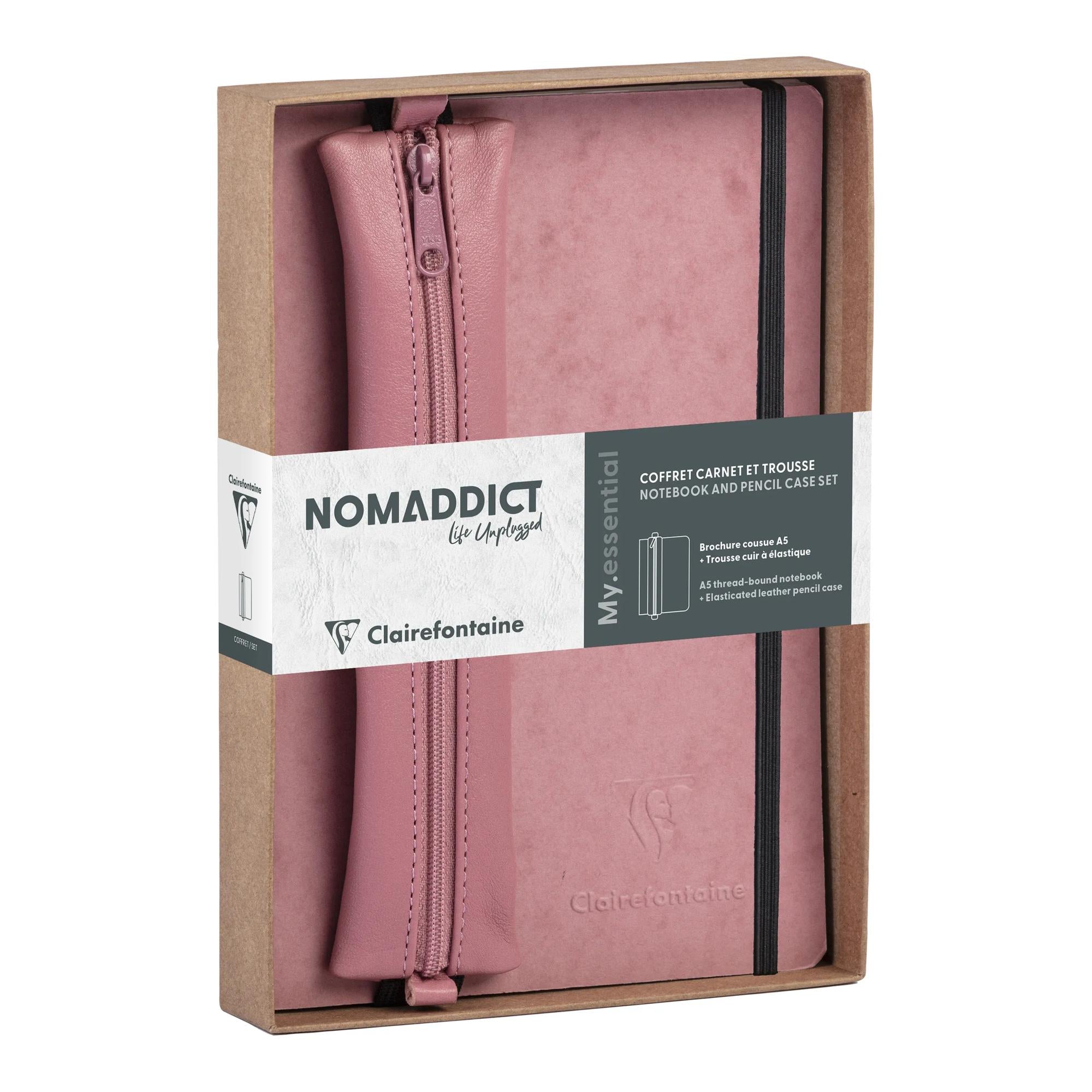Clairefontaine Nomaddict (Age Bag) Notebook & Pencil Case Gift Set Dot Grid Antique Rose