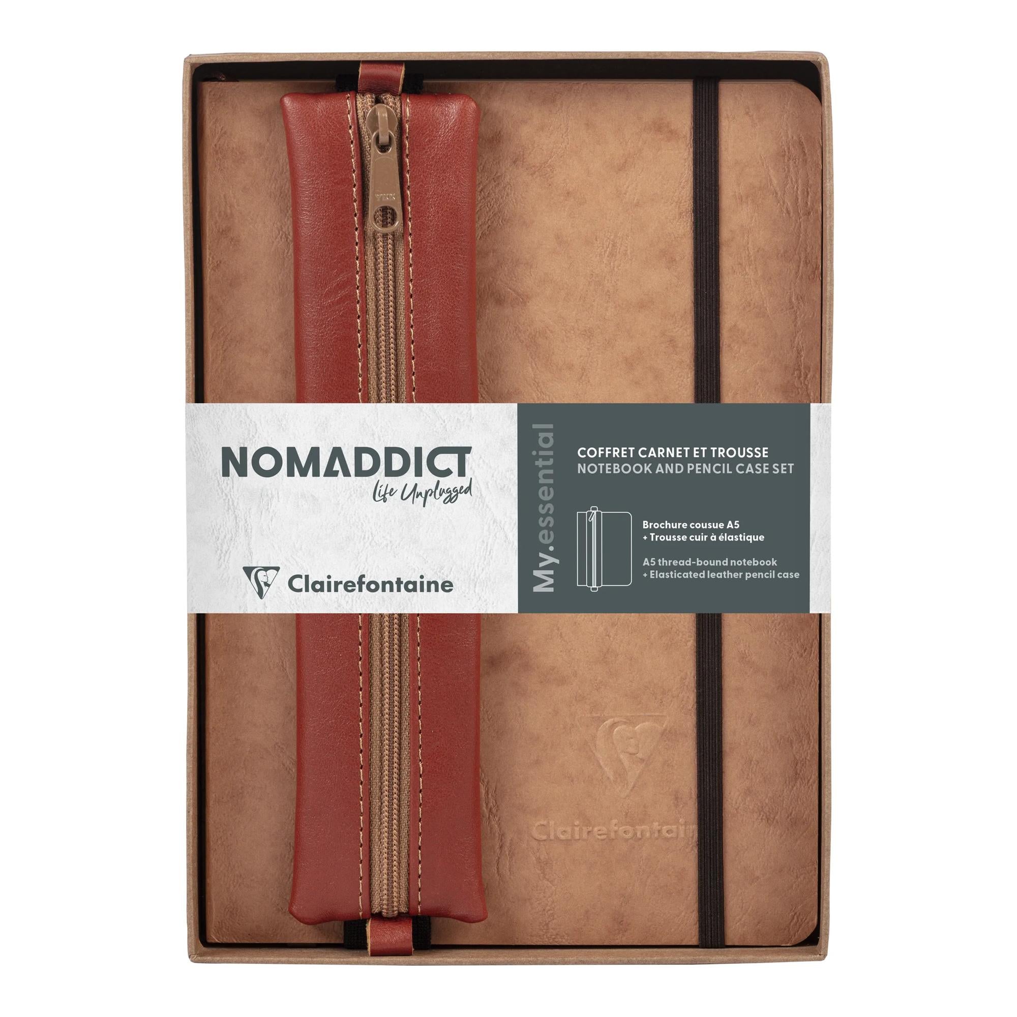 Clairefontaine Nomaddict (Age Bag) Notebook & Pencil Case Gift Set Dot Grid Tobacco