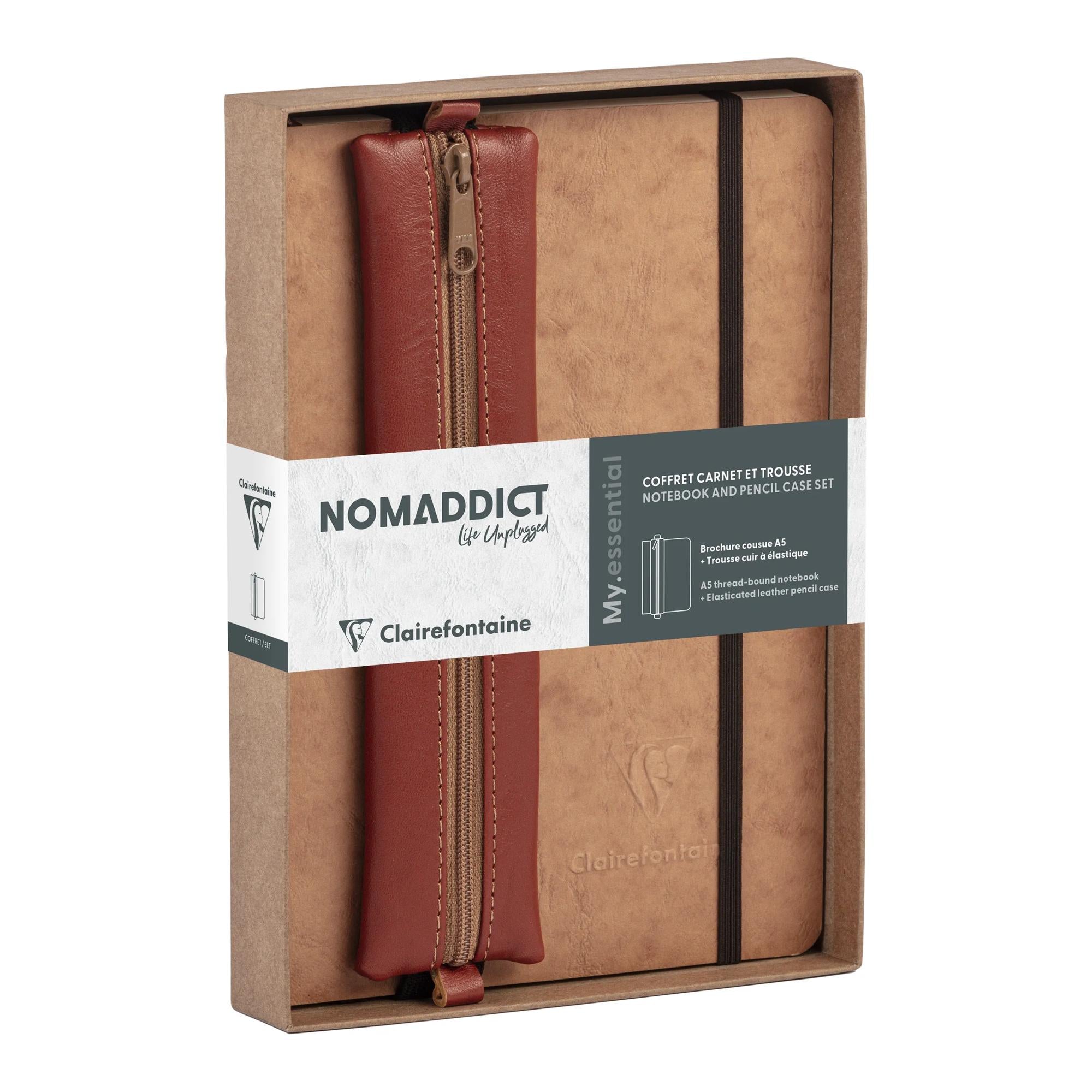 Clairefontaine Nomaddict (Age Bag) Notebook & Pencil Case Gift Set Dot Grid Tobacco