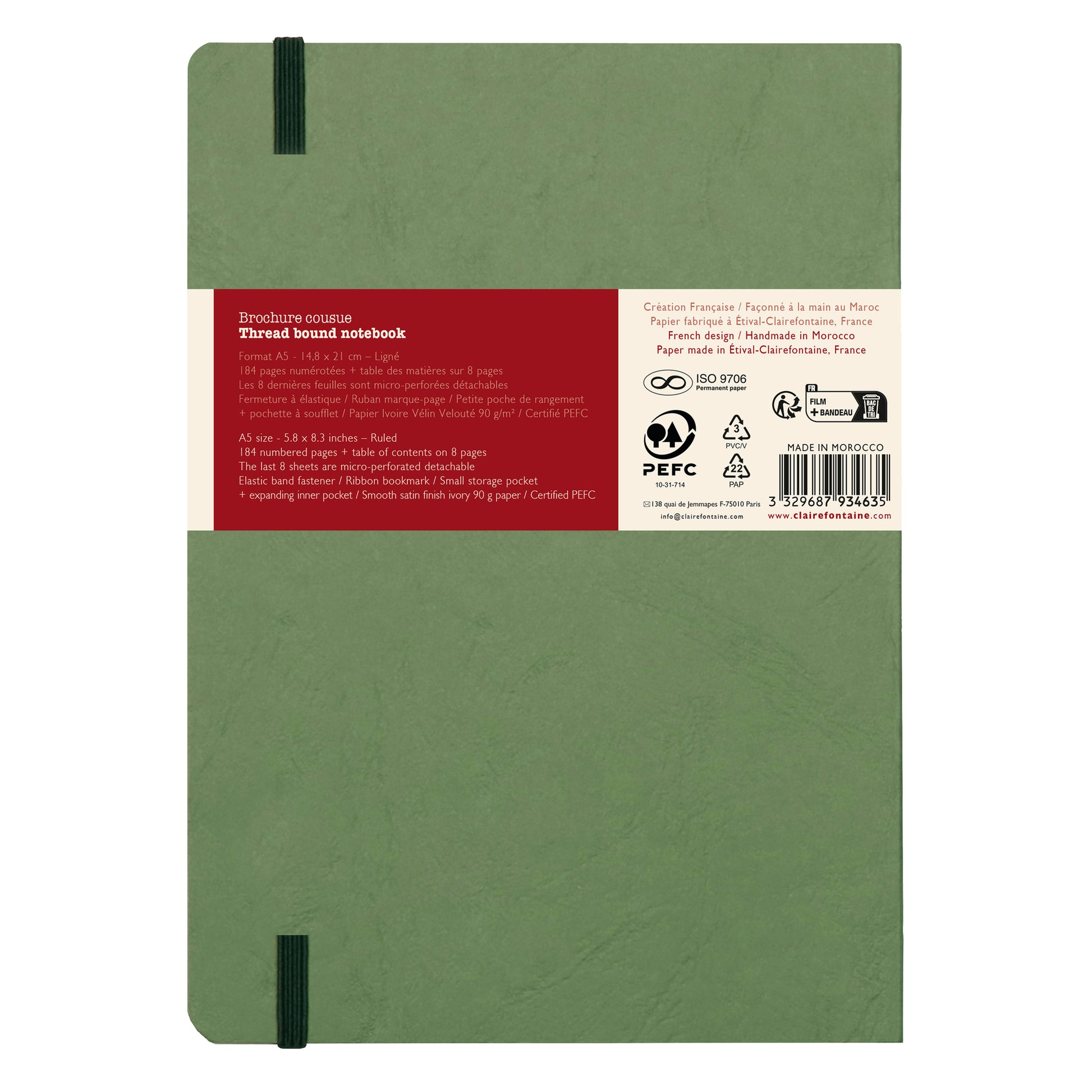Clairefontaine Age Bag Essentials Threadbound Notebook A5 Lined Green