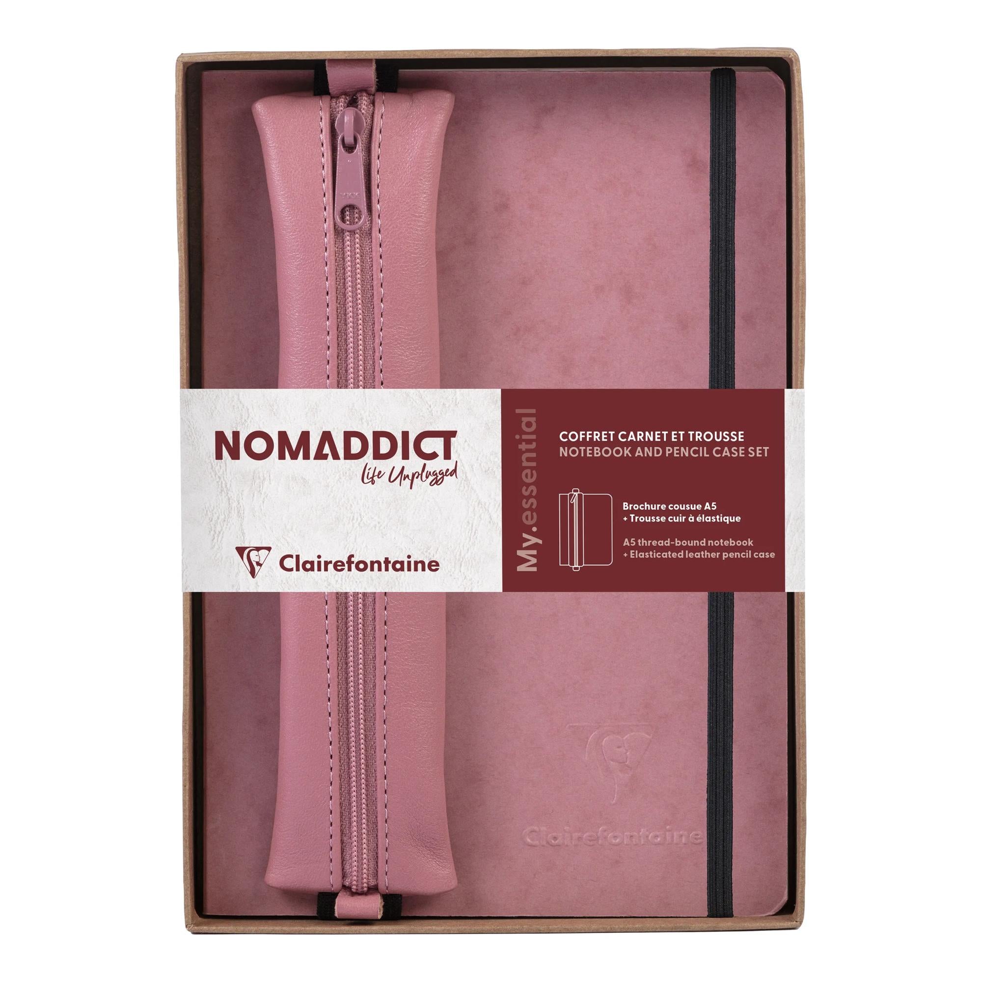 Clairefontaine Nomaddict (Age Bag) Notebook & Pencil Case Gift Set Lined Antique Rose