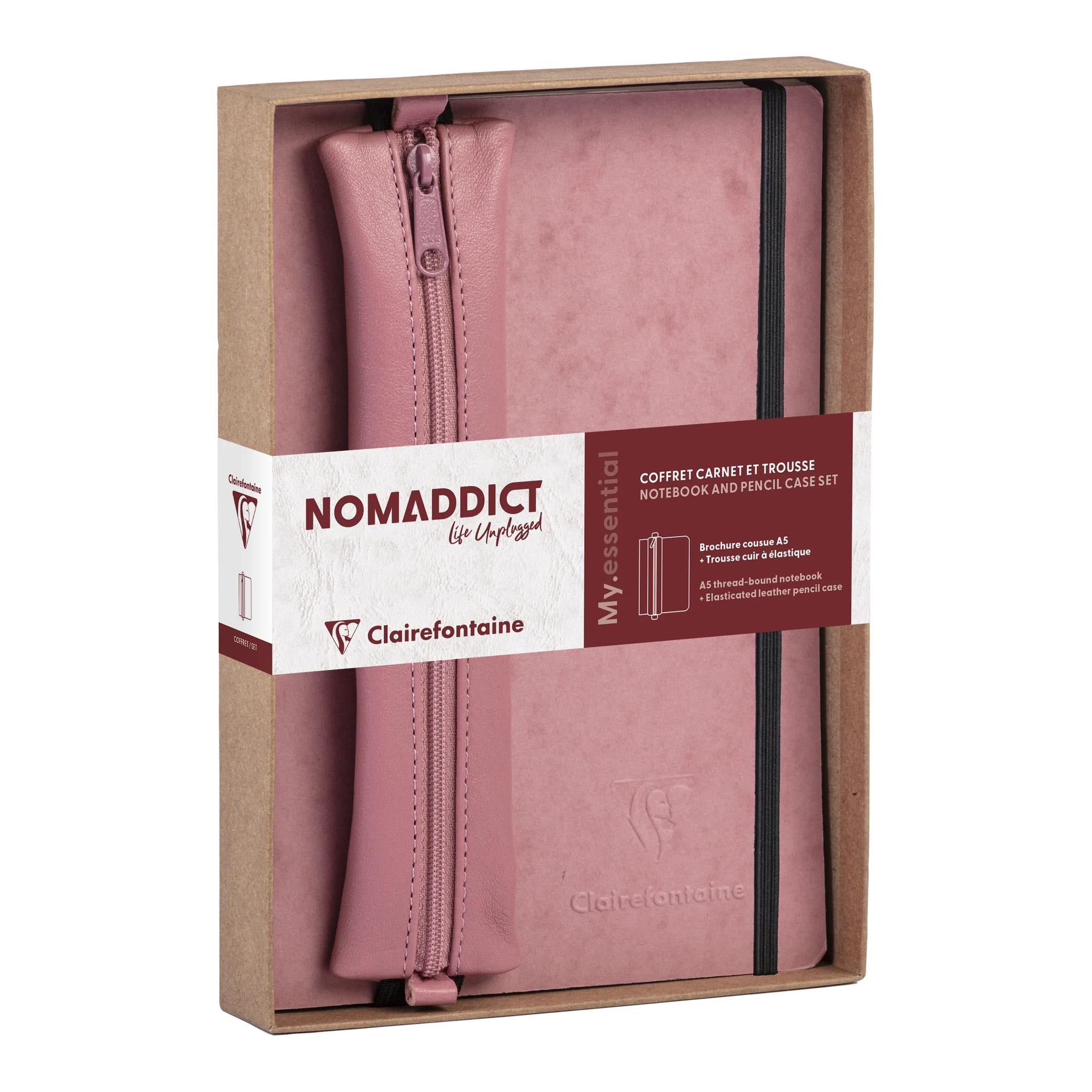 Clairefontaine Nomaddict (Age Bag) Notebook & Pencil Case Gift Set Lined Antique Rose
