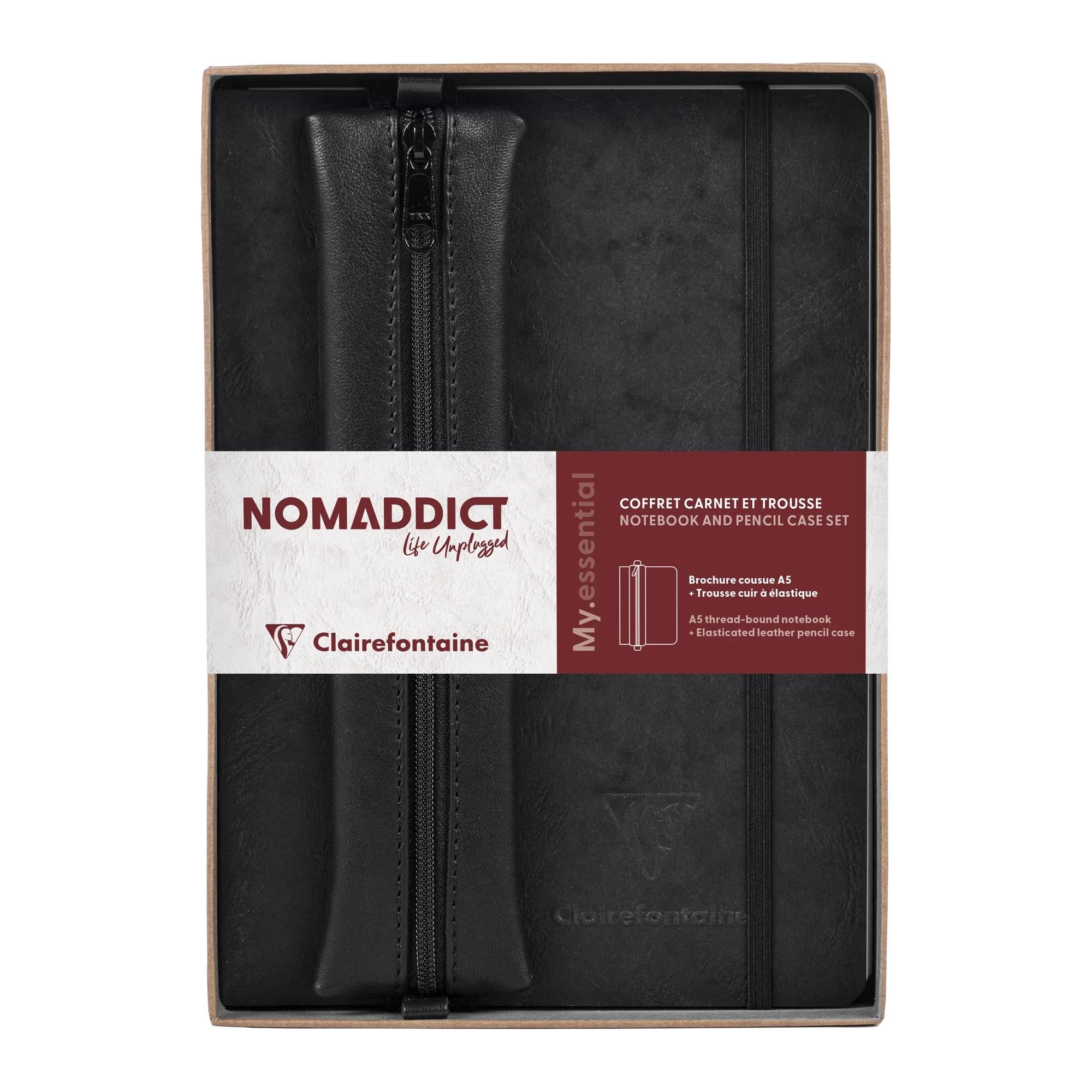 Clairefontaine Nomaddict (Age Bag) Notebook & Pencil Case Gift Set Lined Black
