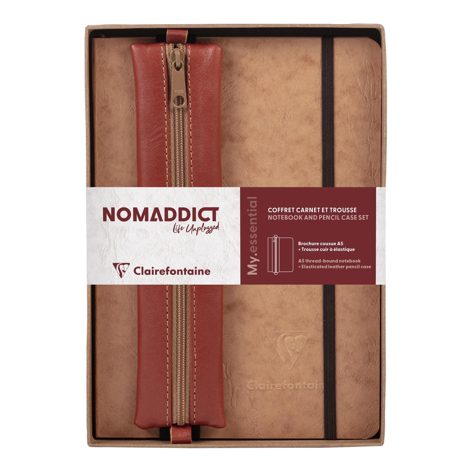 Clairefontaine Nomaddict (Age Bag) Notebook & Pencil Case Gift Set Lined Tobacco