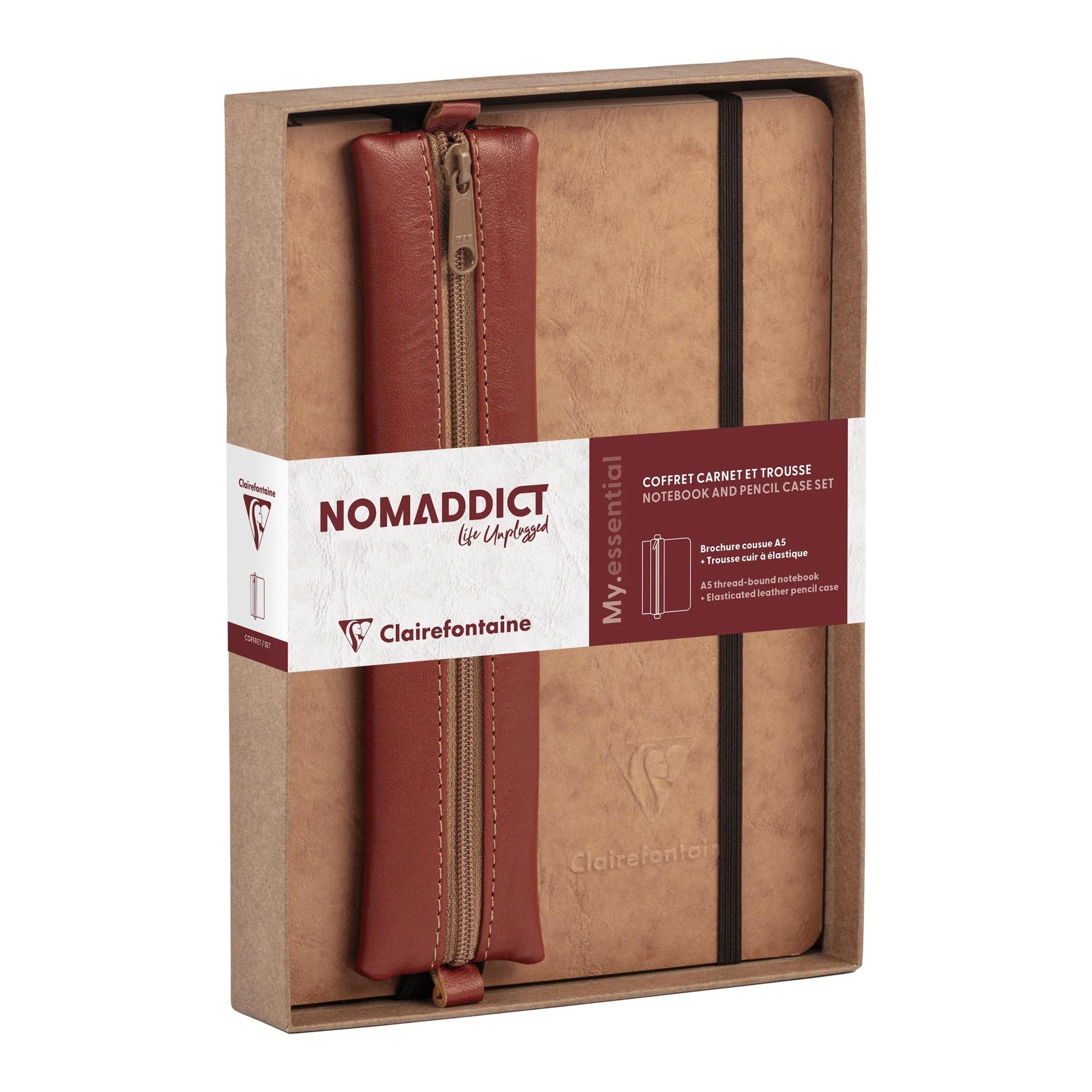Clairefontaine Nomaddict (Age Bag) Notebook & Pencil Case Gift Set Lined Tobacco