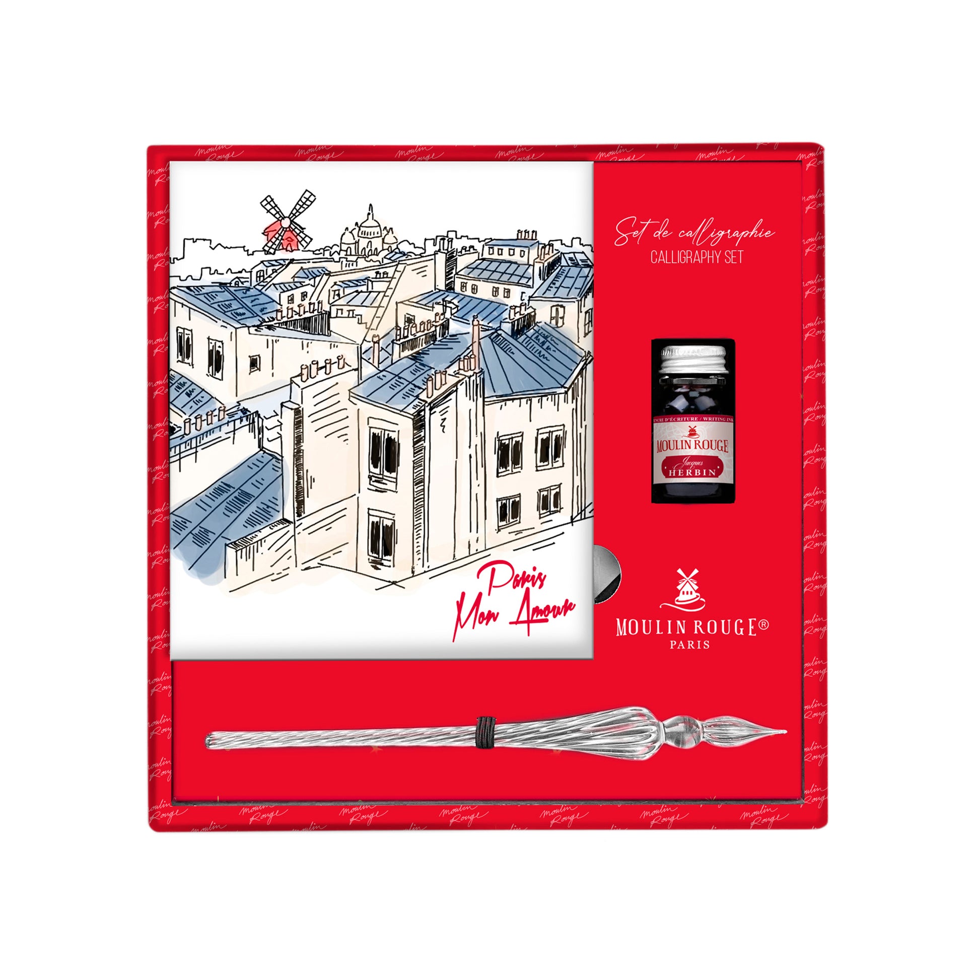 Jacques Herbin Moulin Rouge Gift Set 10mL Ink, Glass Pen & Calligraphy Pad
