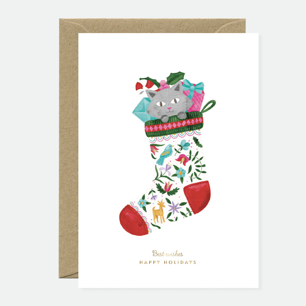 ATWS Greeting Card Cat Christmas Stocking – Gold Foil