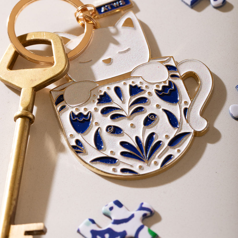 ATWS Enamel Keychain Cat In A Mug